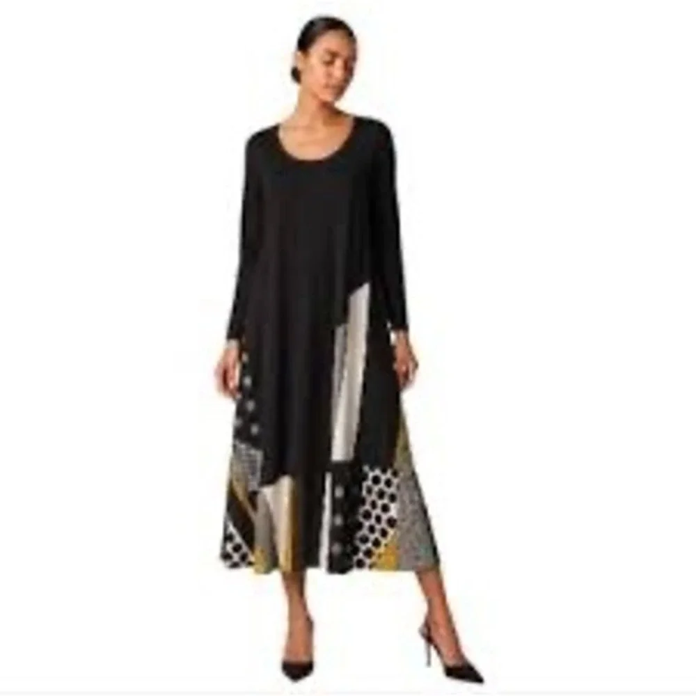 ALEMBIKA Black Maxi Dress Asymmetrical Geometric Print Boho Chic Size 0 usa 4